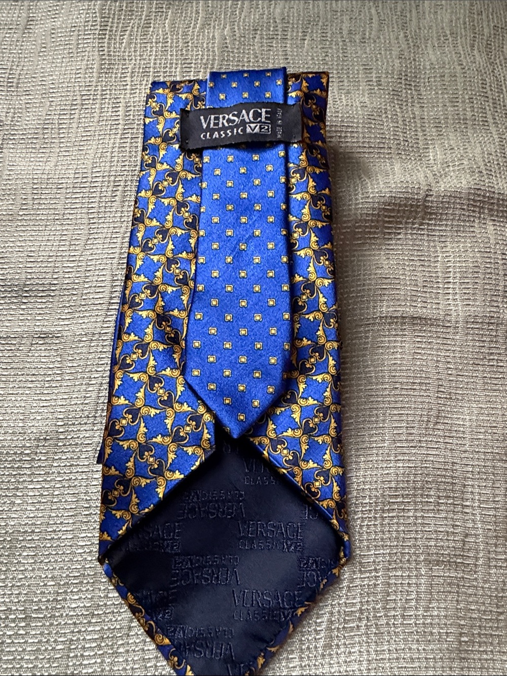 Versace Blue Silk Tie with Gold Medallion Motif
